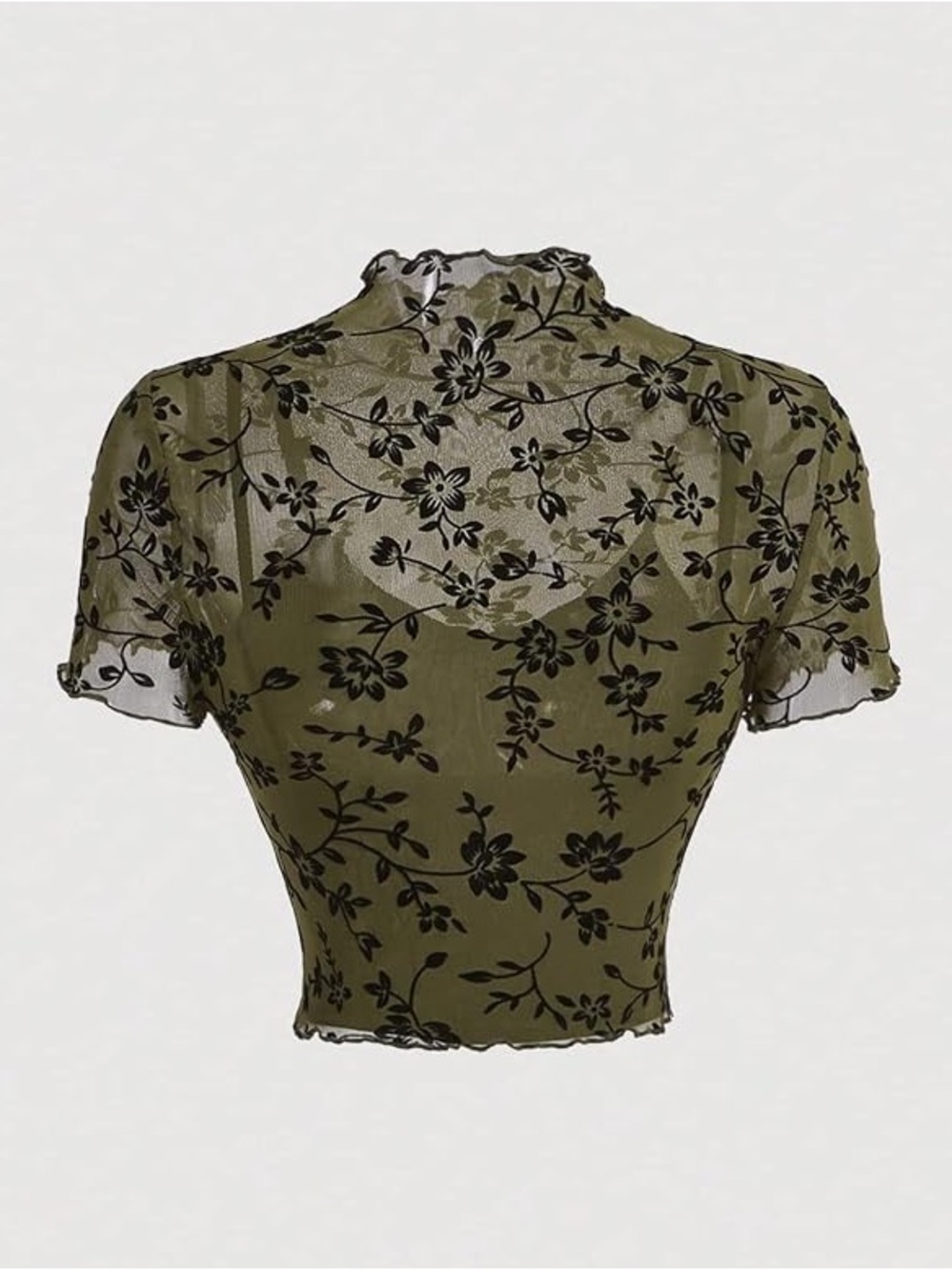 SHEIN Women’s Olive Green Mesh Crop Top with Black Floral Velvet Pattern